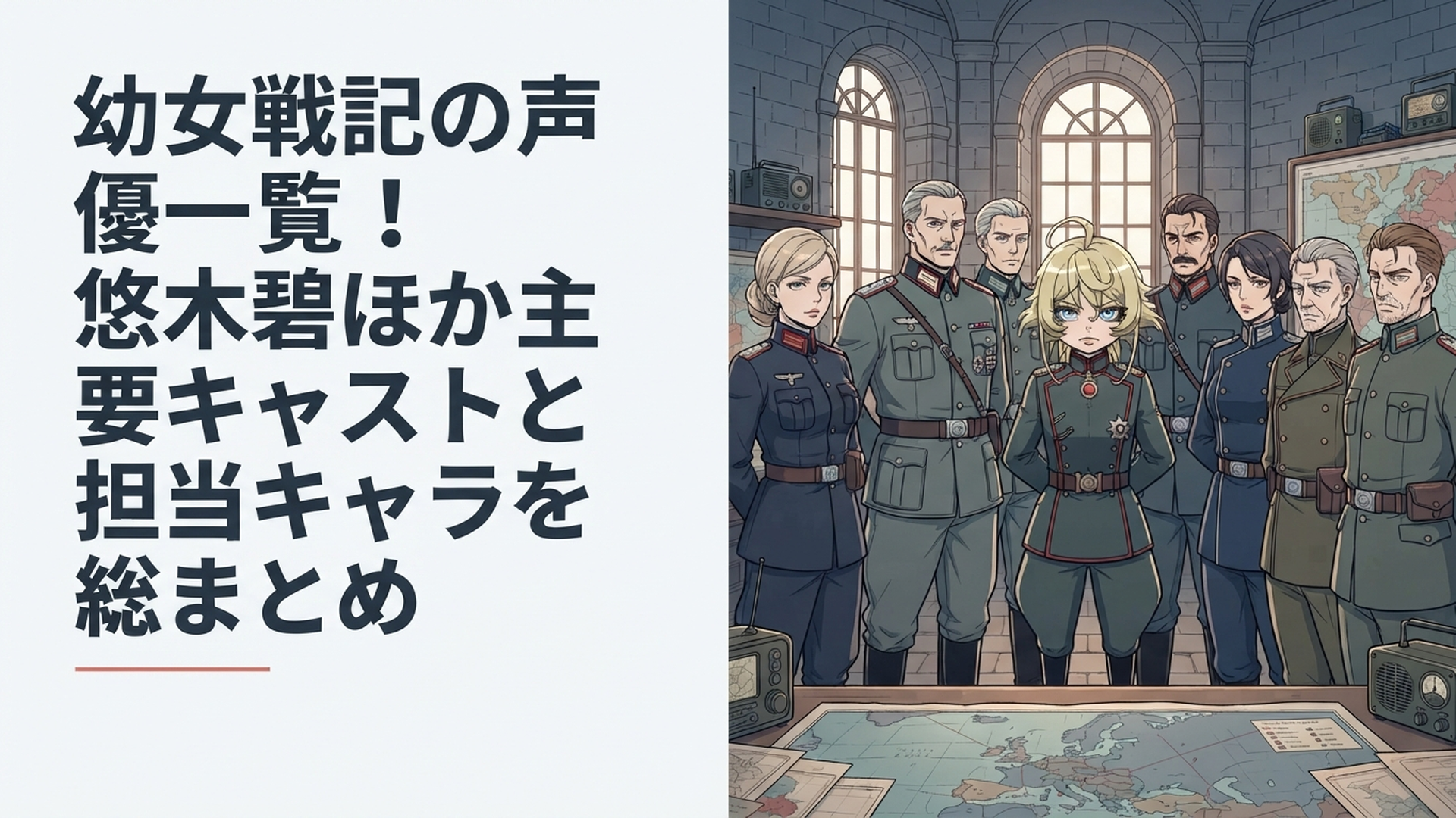 ターニャを中心に帝国軍や敵国の主要人物が並ぶ重厚な戦記アニメ風イメージ
