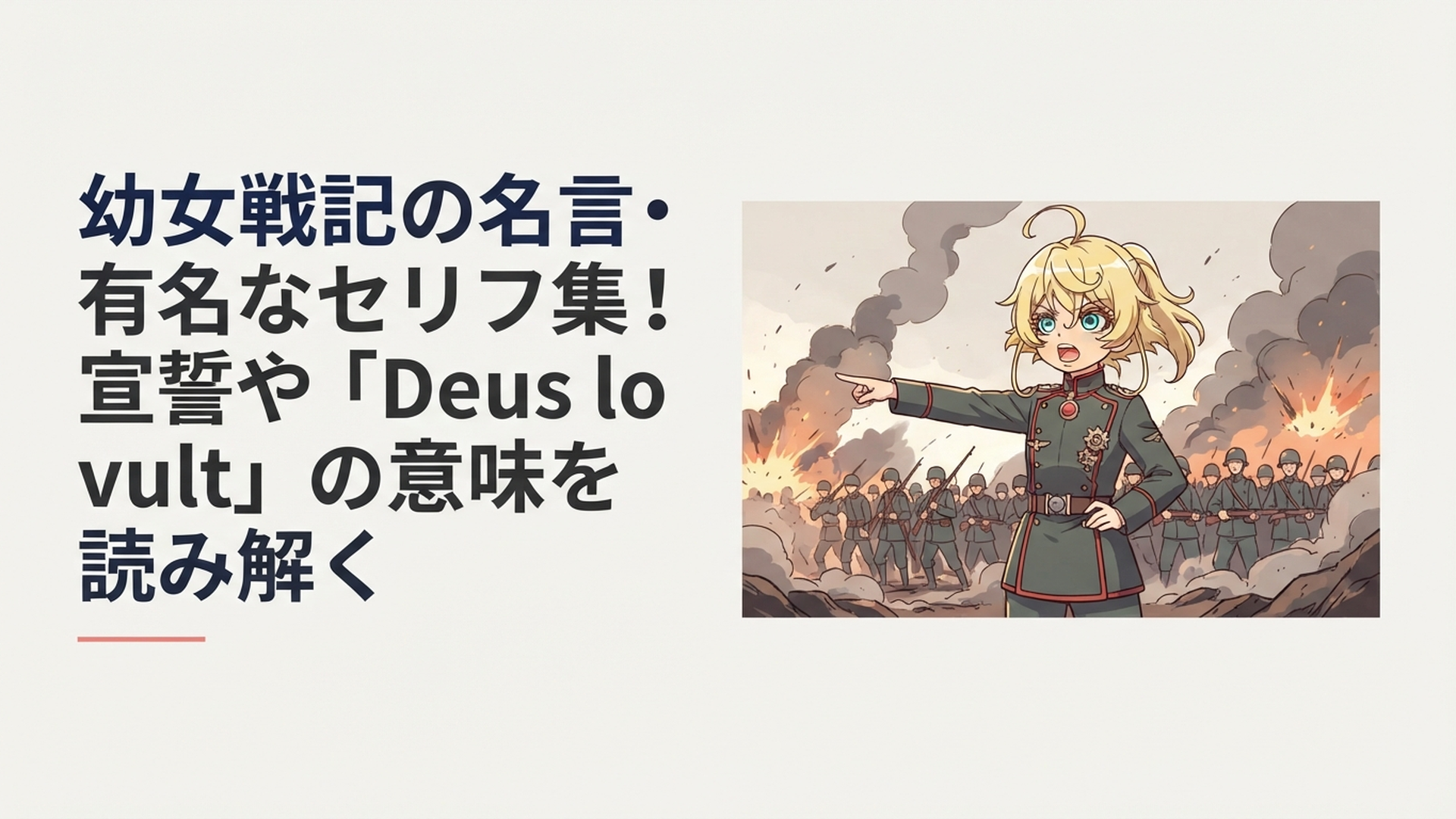 軍服姿の金髪の幼い魔導士が戦場を背に部隊を指揮する重厚なアニメ風シーン