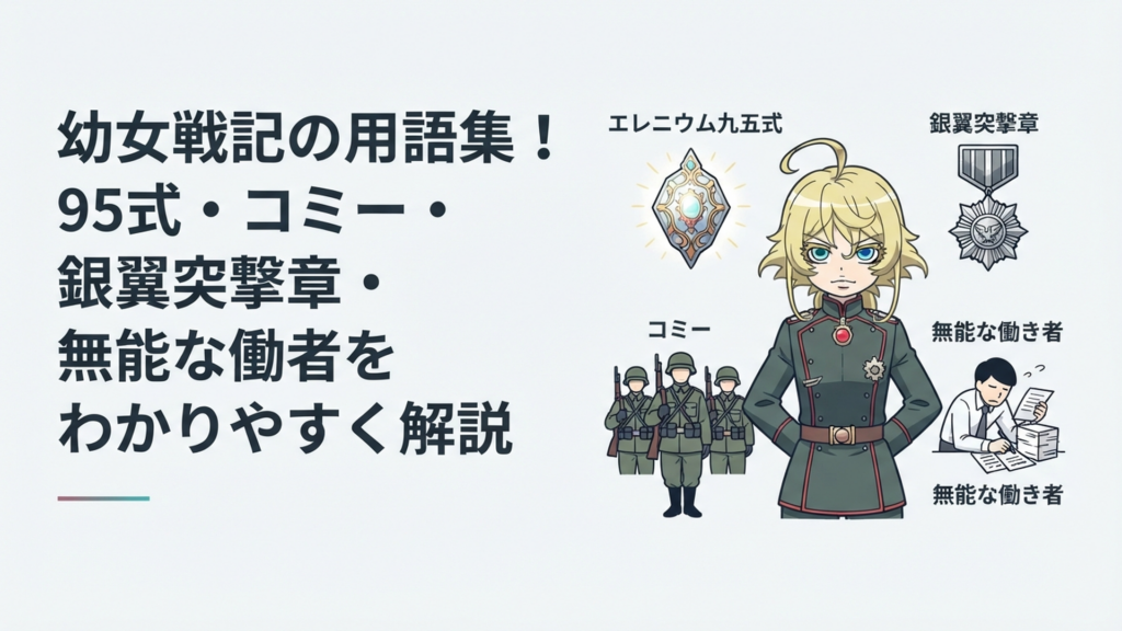 ターニャを中心にエレニウム九五式・銀翼突撃章・軍事用語を配置した幼女戦記の重要用語4選