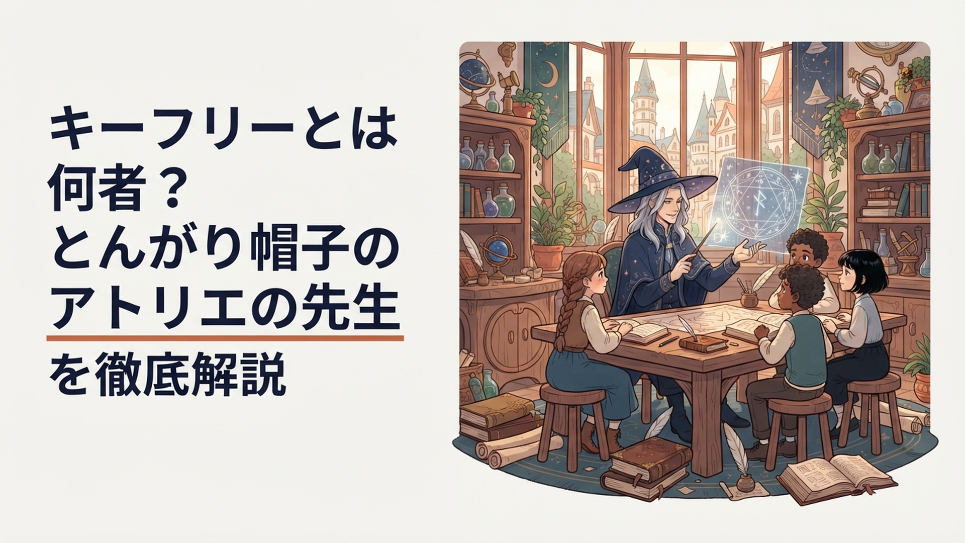 ココたち弟子を見守りながら魔法を教えるキーフリー先生の幻想的なアトリエ