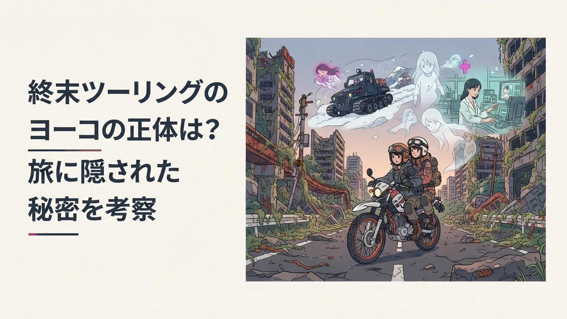 廃墟となった日本をセローで旅するヨーコとアイリの背後にY-21と千歳の記憶が浮かぶ終末世界