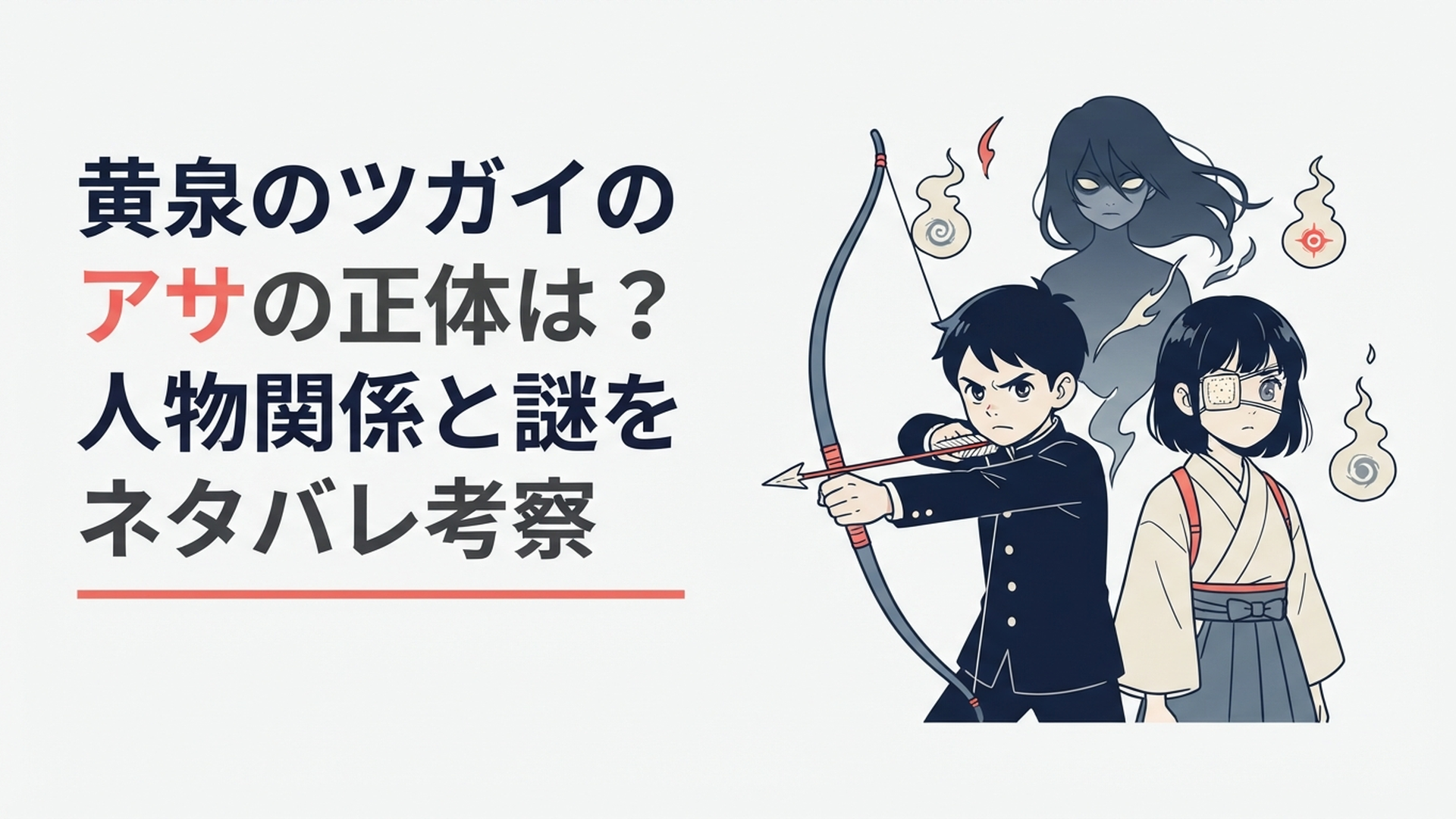 眼帯をした本物のアサと弓を構えるユル、その背後に東村の偽アサと左右様が浮かぶ緊張感のある構図