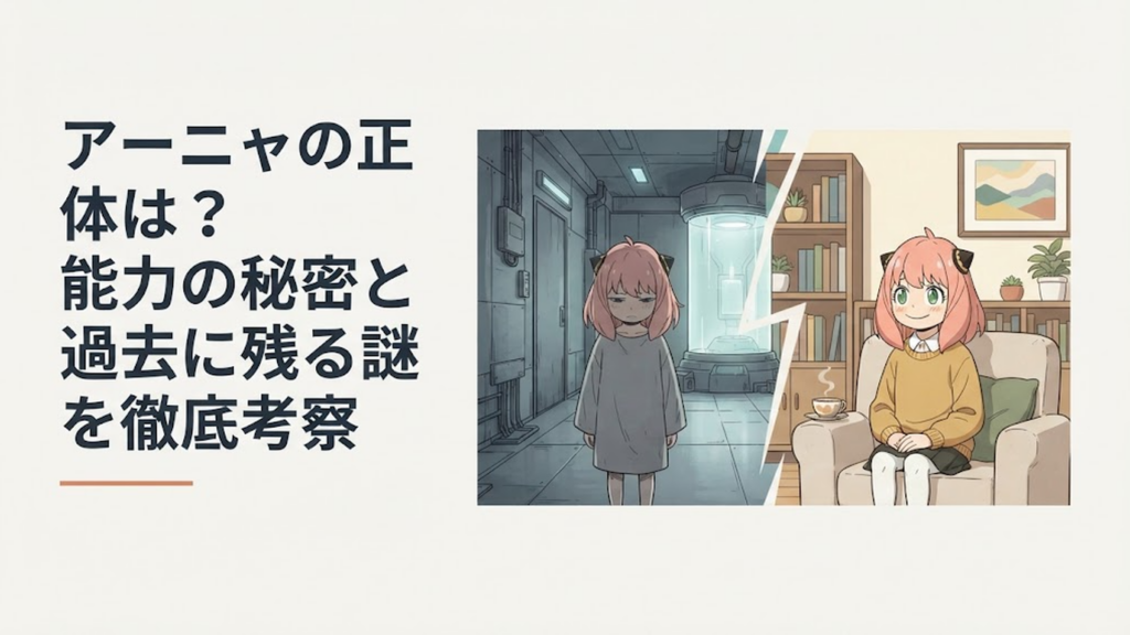 薄暗い研究施設に立つ幼い少女と現在のフォージャー家で笑う少女を対比したイメージ