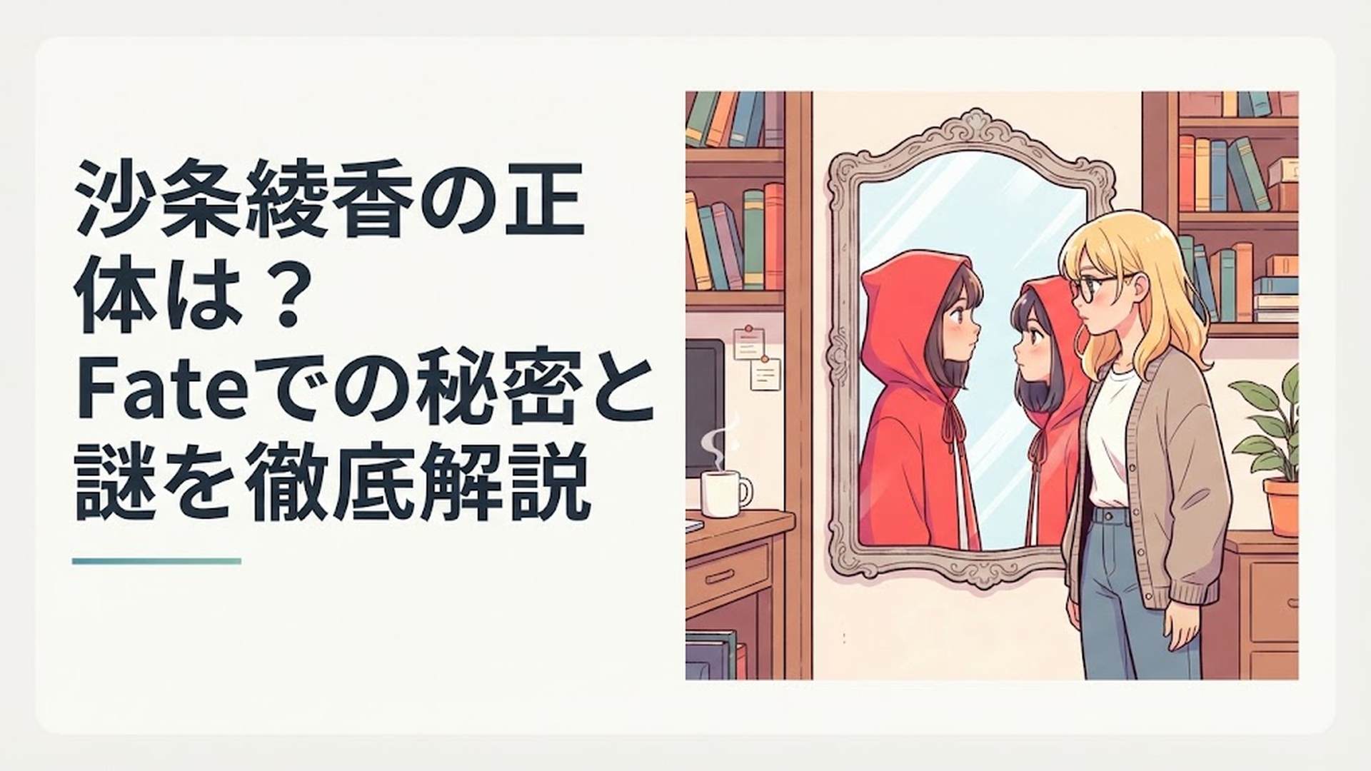 金髪で眼鏡をかけたアヤカと赤いフードの少女が鏡越しに向かい合う幻想的な場面
