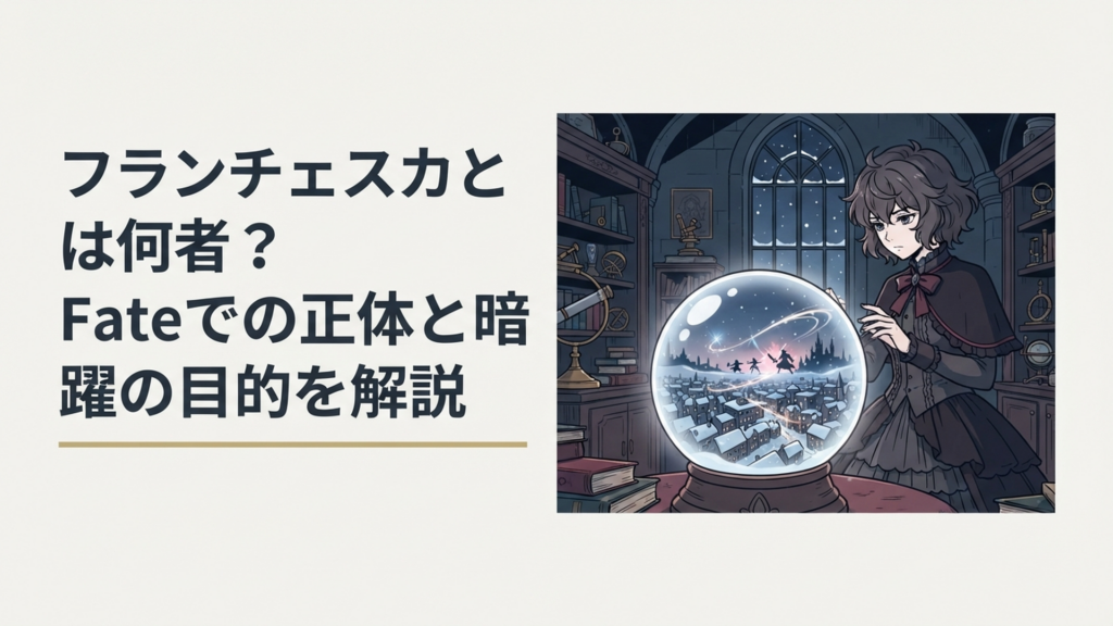 スノーフィールドの夜景を背に水晶越しで聖杯戦争を眺めるゴシック調のフランチェスカ
