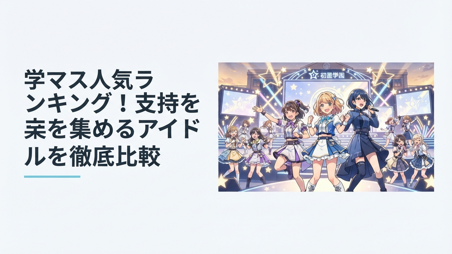 初星学園のステージで藤田ことね・篠澤広・月村手毬を中心に個性豊かなアイドルたちが輝くシーン