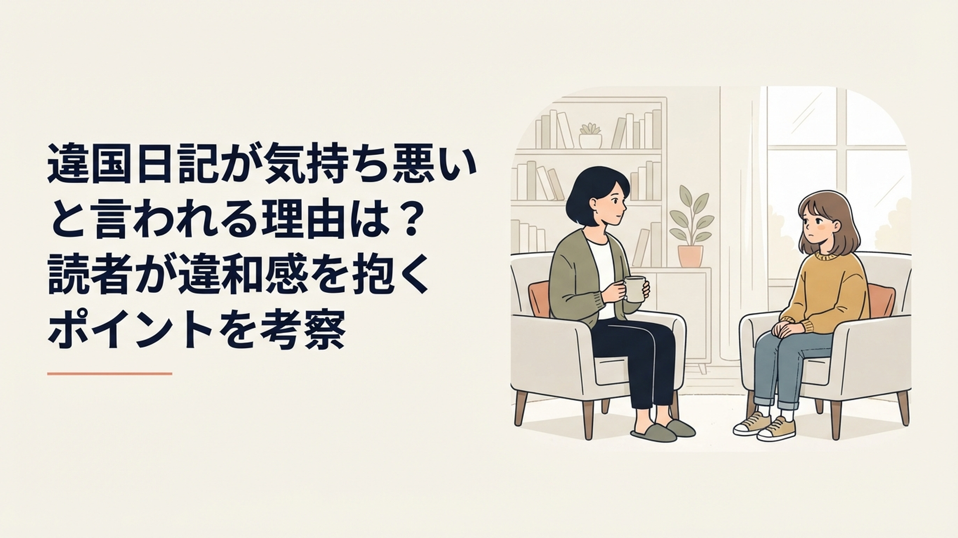 年齢も性格も価値観も異なる大人の女性と10代の少女が同じ部屋で少し距離を空けて向き合うイメージ