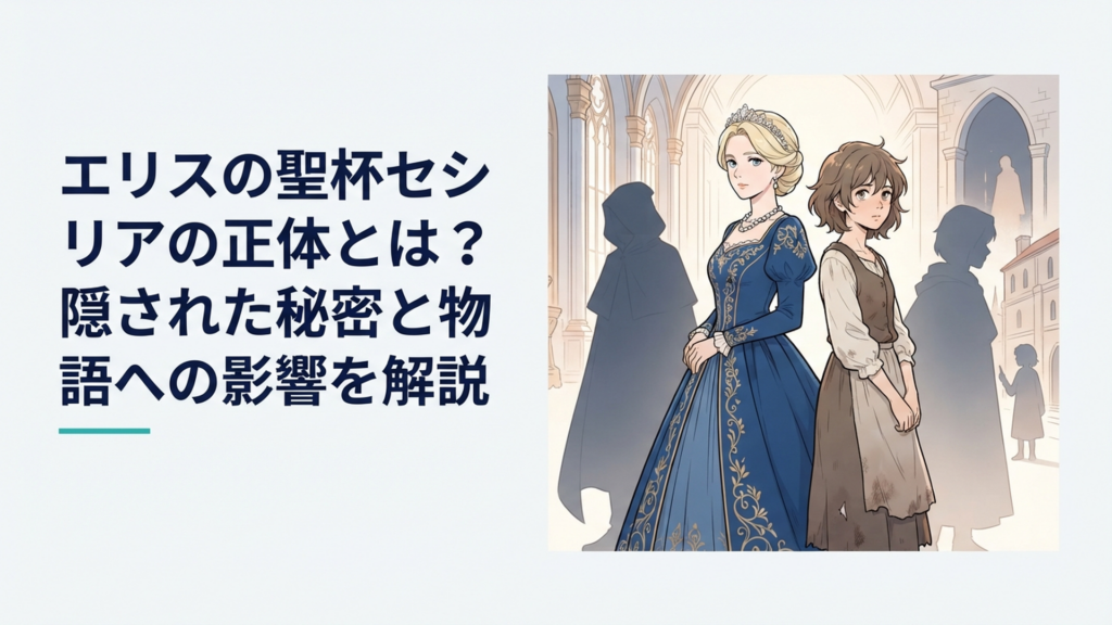 華やかな王太子妃セシリアと孤児院時代のシシィが背中合わせに立ち、その奥にセスと秘密組織の影が浮かぶ場面