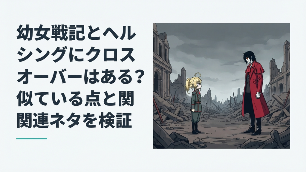 軍服姿の小柄な魔導師を思わせる人物と赤いロングコート姿の吸血鬼を思わせる人物が荒廃した戦場で向き合うダークなクロスオーバー風景